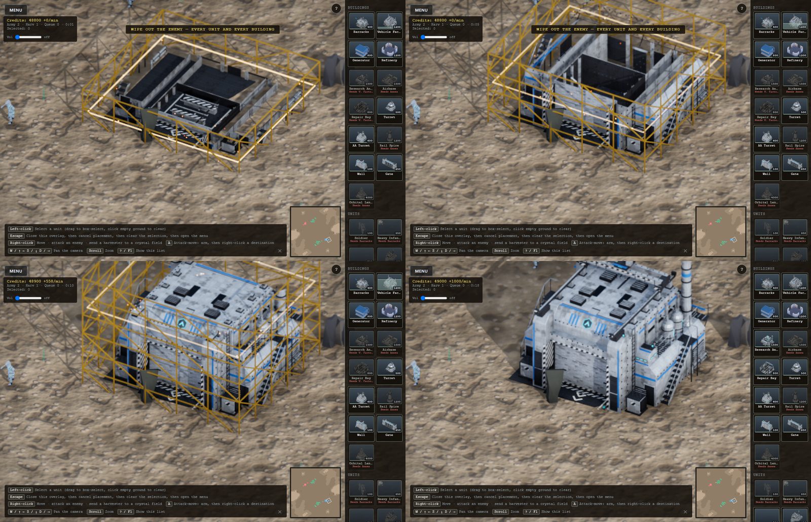 A vehicle factory at four stages of construction