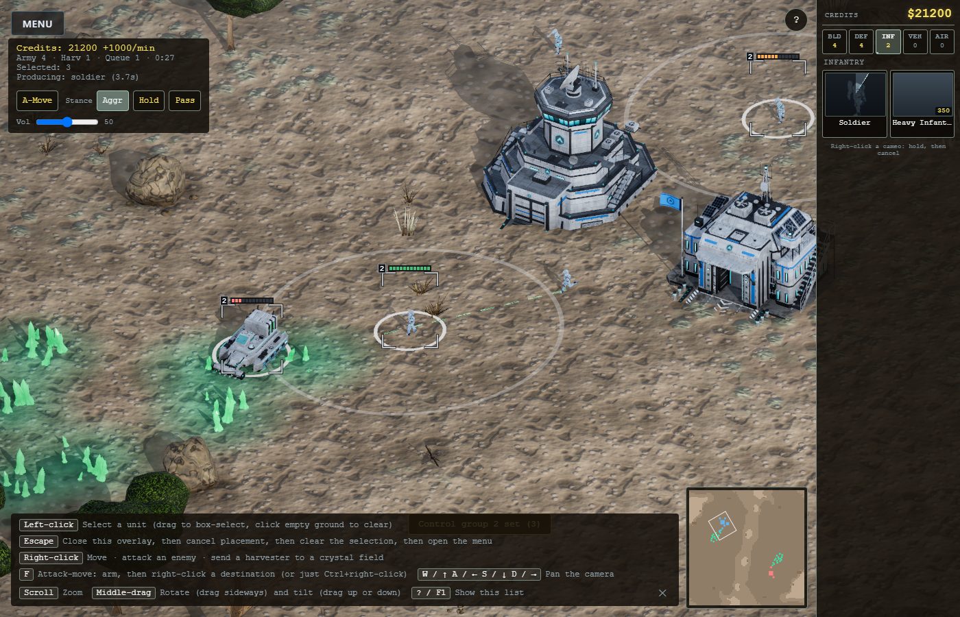 Selected units with corner brackets and health bars